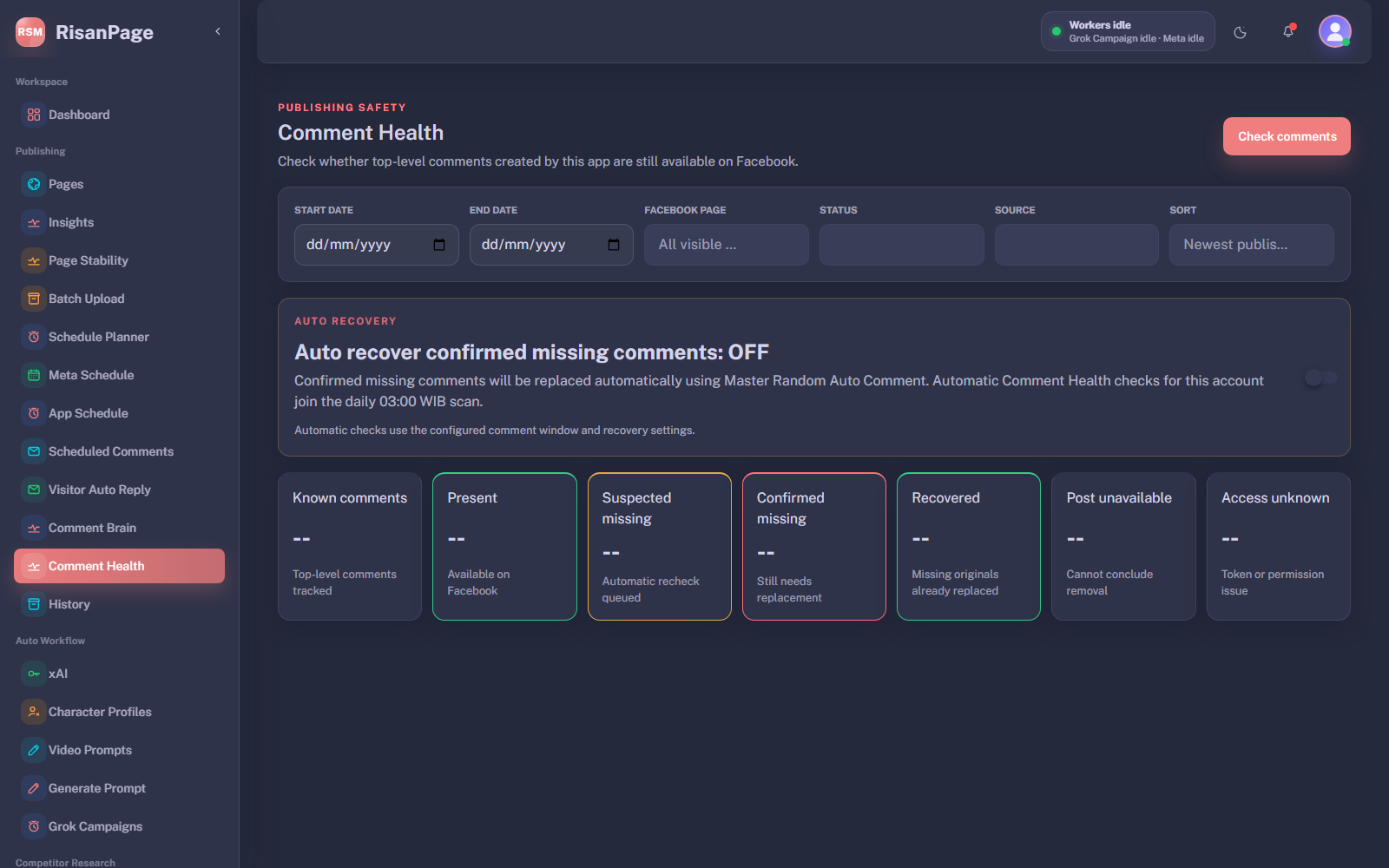 RisanPage Comment Health dashboard with sanitized demo data