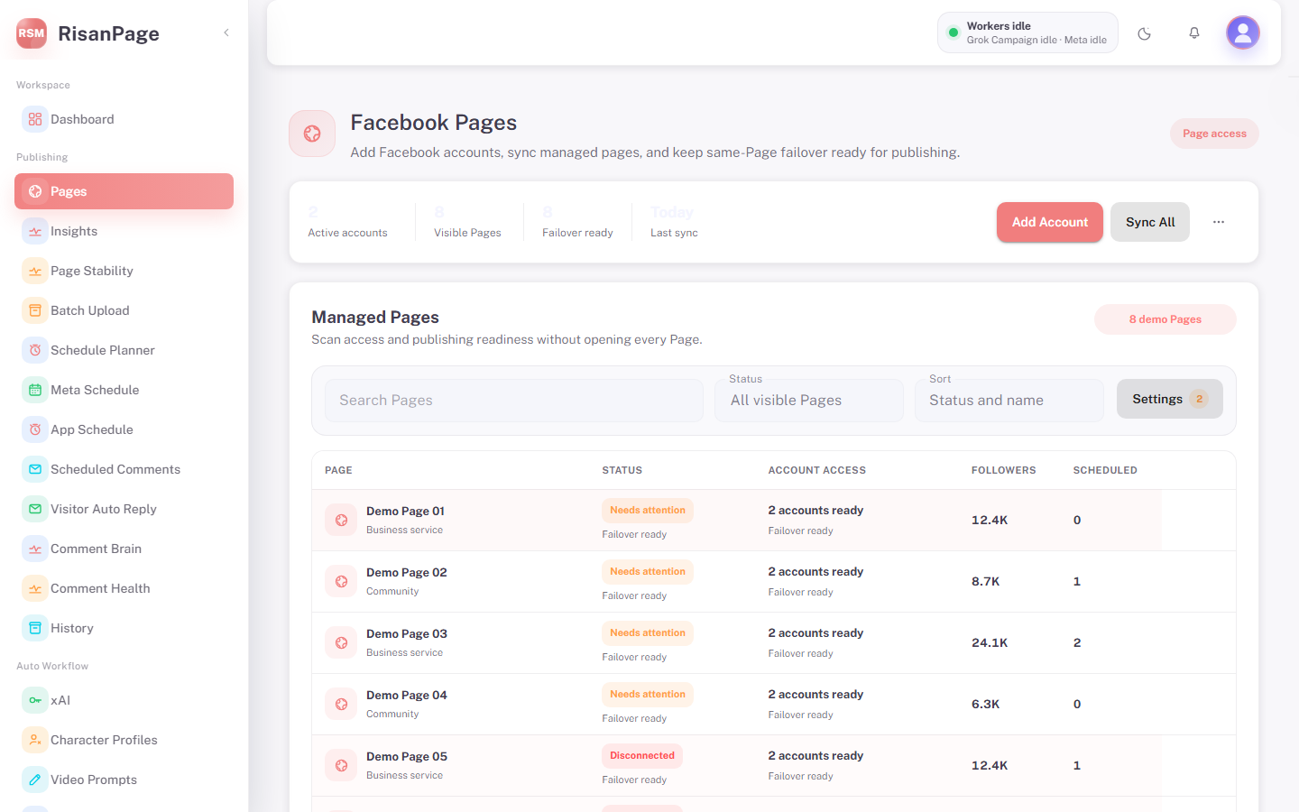 RisanPage Facebook Pages workspace with sanitized demo data